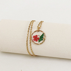 Светло-Вишневый Ожерелья с плоским круглым кулоном из сплава и пластика с внутренним цветком, золотые, светло-вишневый, 17.72 дюйм (45 см)