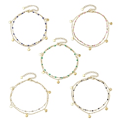 (52) Непрозрачная лаванда 304 браслеты на ногу из двухслойной цепи из нержавеющей стали, Эмаль стиле, с позолоченными подвесками в виде сердечек, разноцветные, 9-1/8 дюйм (23 см)