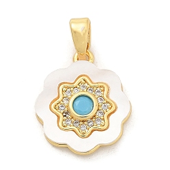 Настоящее золото 18K Подвески из латуни с микропаве из циркония, без кадмия, без никеля и без свинца, с подвесками из ракушек и стекла, реальный 18 k позолоченный, 15x13x2.5 мм, отверстие : 4.5x2 мм