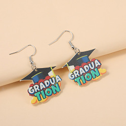 Colorful Back to School Printed Acrylic Dangle Earrings, Word GRADUATION with Graduation Cap, Platinum, Colorful, 50mm