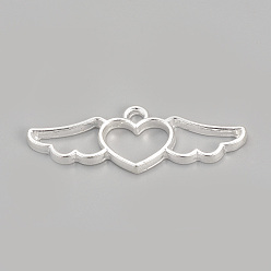 Серебро Стойки из пластика с открытыми задними подвесками, для diy уф смолы, эпоксидная смола, Прессованные цветочные украшения, без кадмия, без никеля и без свинца, сердце с крыла, серебряный цвет гальваническим, 13.5x39x2.5 мм, отверстие : 2.5 мм