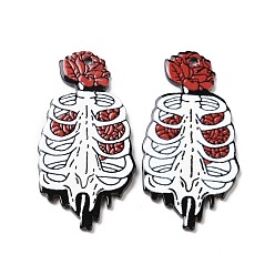 Skeleton Акриловые подвески с принтом на хэллоуин, стиль черепа и розы, скелет, 44.5x23.5x2.3 мм, отверстие : 1.8 мм