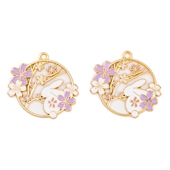 Средний Фиолетовый Стойки обшивки сплава эмали подвески, золотые, Плоская круглая подвеска с кроликом и цветком, средне фиолетовый, 28.5x30x1.5 мм, отверстие : 2 мм