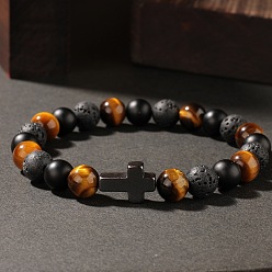 Смешанные камни Эластичные браслеты из натуральных бусин тигрового глаза, лавового камня и черного камня., Синтетические немагнитные гематитовые крестики для мужчин, 5.91 дюйм (15 см) ~ 6.69 дюйм (17 см)