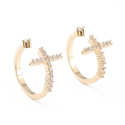 Настоящее золото 18K Латунные кольца из манжеты с прозрачным цирконием, открытые кольца, долговечный, крестик, реальный 18 k позолоченный, размер США 6 (16.5 мм)