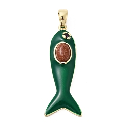 Камень с Пылевым Золотом Синтетические голдстоуновские подвески, подвески в виде рыбок из латуни с микропаве из кубических цирконий и эмали, реальный 18 k позолоченный, без кадмия и без свинца, стойки покрытие, долговечный, зелёные, 39x15.5x6.5~7.5 мм, отверстие : 6.5~7x4 мм