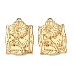Rectangle Тисненые 304 подвески из нержавеющей стали, очарование цветочного узора, прямоугольные, 22x16x2 мм, отверстие : 1.4 мм