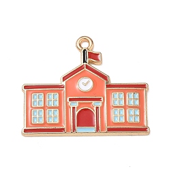 Corail Alliage avec pendentifs en émail, charmes des bâtiments scolaires, sans cadmium et sans nickel et sans plomb, or, corail, 25x30x2mm, Trou: 1.6mm