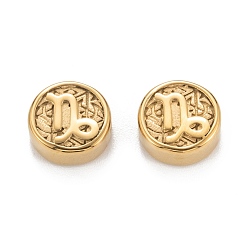 Capricorn Ion Plating(IP) 304 Stainless Steel Beads, Flat Round with Constellations Pattern, Capricorn, 9.8~10x4.2mm, Hole: 1.8mm