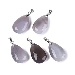 Серый агат Природные серые агаты подвески, слезинки, с защелкой из нержавеющей стали на поручнях, цвет нержавеющей стали, 28~32x14~16x8~10 мм, отверстие : 4.5x3.5 мм