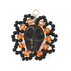 Orange Gothic Glass Seed Beaded & Synthetic Turquoise Pendants, Floral Skull Charms, with Glass & Copper Wire, Faceted, Light Gold, Orange, 29x26x13.5mm, Hole: 2.5mm