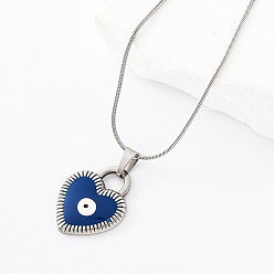 Blue 304 Stainless Steel Enamel Evil Eye Heart Pendant Necklaces for Men Women, Stainless Steel Color, Blue, 15.75 inch(40cm)