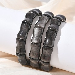 Silver Sheen Obsidian Браслеты из натурального бамбука с серебристым блеском и бусинами из обсидиана, эластичные, для женщин и мужчин., внутренний диаметр: 2.36 дюйм (6 см)