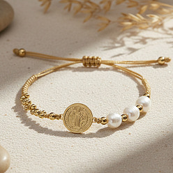 Золотой Браслеты из искусственного жемчуга и латуни с бусинами в виде Святого Бенедикта, белые, золотые, 11.02 дюйм (28 см)