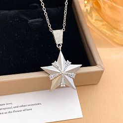 Étoile  Colliers en laiton avec pendentif en zircone cubique transparent pour femmes, micro pavé, avec 304 chaînes de câble en acier inoxydable, couleur argent plaqué, étoiles, 15.75 pouce (40 cm)
