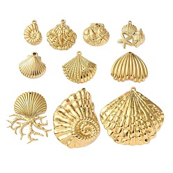 Настоящее золото 18K 10 шт. 304 подвески из нержавеющей стали, формы раковины, ионное покрытие (ip), реальный 18 k позолоченный, 20~46x13~47x3.5~5 мм, отверстие : 1.2~2 мм