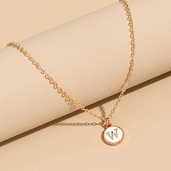 Letter W Сплав белого эмалевого диска с инициалами подвески ожерелья для женщин, золотые, Буква W, 17.72 дюйм (45 см)