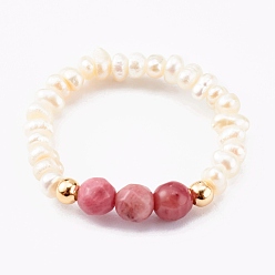 Rhodochrosite Stretchringe mit Perlen aus Naturperlen, mit facettierten Naturrhodochrositperlen und Messingperlen, golden, Innendurchmesser: 18x20 mm