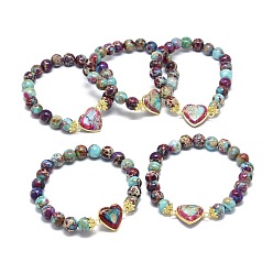 Imperial Jasper Natural Regalite/Imperial Jasper/Sea Sediment Jasper Heart Link Bracelets, Impression Jasper Stretch Bracelets, Round, Golden, Inner Diameter: 2 inch(5.2cm)