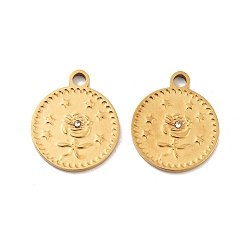 Настоящее золото 18K Ионное покрытие (ip) 316 подвески из нержавеющей стали, без никеля , со стразами, плоские круглые с цветком, реальный 18 k позолоченный, 15x15x2 мм, отверстие : 2 мм