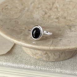 (946F)Морозный цвет внутри  Жонкиль / Непрозрачная зеленая подкладка Латунная манжета с открытыми кольцами из черного агата, платина, овальные, внутренний диаметр: регулируемый