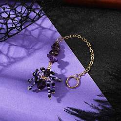 Аметист Подвеска в виде паука и черепа на тему Хэллоуина из окрашенной синтетической бирюзы и стеклянных бусин, с натуральными аметистовыми крошками и латунными цепями-кабелями, 156 мм, отверстие : 17 мм