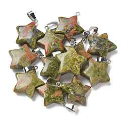 Унакит Природные подвески Unakite, подвески-звезды 201 с защелками из нержавеющей стали, цвет нержавеющей стали, 22x20x6 мм, отверстие : 3x5.5 мм