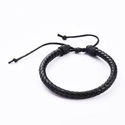 Black Adjustable Leather Cord Braided Bracelets, with Nylon Thread Cord, Burlap Paking Pouches Drawstring Bags, Black, 2-1/8 inch~2-7/8 inch(5.4~7.4cm), 6mm