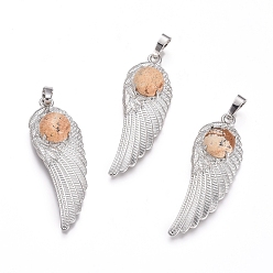 Пейзажный Джаспер Естественного изображения яшмы подвески, с латунной фурнитурой платинового цвета, крыло, 47x16x7.5 мм, отверстие : 7x5 мм