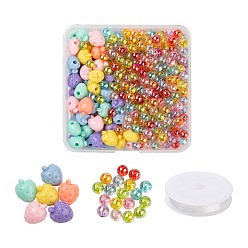 Gemischte Farbe 380 Stk. Erdbeere & runde Acrylperlen mit 1 Rolle durchsichtigen elastischen Kristallfaden, für DIY-Kindertagesgeschenk Stretch-Armbänder, die Kits herstellen, Gemischte Farbe, 8x7 mm, Loch: 2 mm, 16.5x13x11.5 mm, Bohrung: 3 mm