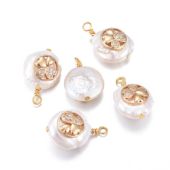 Прозрачный Подвески из натурального пресноводного жемчуга, с латунными микро проложить кубических выводы циркония, самородки с клевером, золотые, прозрачные, 17~26x11~16x5~11 мм, отверстие : 1.6~2 мм