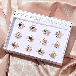 Смешанные камни Круглые кольца из смешанных натуральных камней, 304 Кольца-манжеты из нержавеющей стали в форме цветка, реальный 18 k позолоченный, ионное покрытие (ip), 2.5~16 мм, внутренний диаметр: регулируемый, 12 шт / комплект