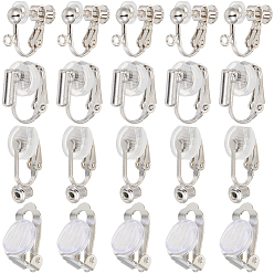 Платина 32шт 4 стиль латунные клипсы серьги конвертеры выводы, плоские круглые серьги, с 32 силиконовыми подушечками, платина, 15.5~19x6~14x3~9 мм, отверстие : 0.6~1.6 мм, 4 шт / стиль