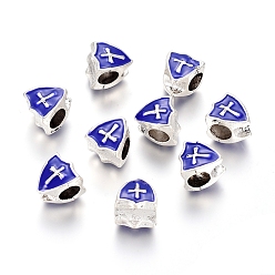 Синий Старинное серебро покрытием сплава европейских бисер, бусины с большим отверстием, с эмалью, щит с крестом, синие, 10x9.5x8 мм, отверстие : 5 мм