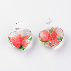 Оранжево-Красный  Сверкающие кулоны лэмпворк ручной работы, с внутренним цветок, сердце, оранжево-красный, 28~33x22~23x11~13 мм, отверстие : 4~6 мм