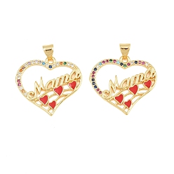 Real 18K Gold Plated Brass Micro Pave Cubic Zirconia Pendants, with Enamel, Cadmium Free & Lead Free, Rack Plating, Long-Lasting Plated, Heart with Word Mama Charms, Mother's Day, Real 18K Gold Plated, 23.5x25x2mm, Hole: 3x5mm