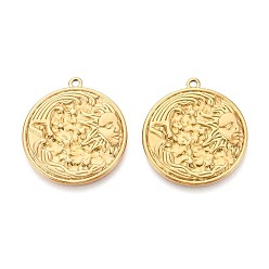 Настоящее золото 18K 304 подвески из нержавеющей стали, плоский круг с солнцем и человеком, ионное покрытие (ip), реальный 18 k позолоченный, 33x30x2 мм, отверстие : 2 мм