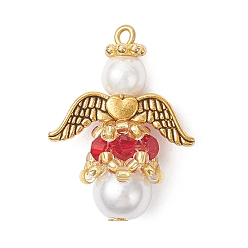 Красный Подвески из перламутрового стекла и жемчуга, угол, с крылом из сплава и железной петлей, красные, 26x20x10.5 мм, отверстие : 1 мм