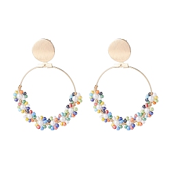 Blue Handmade Seed Beaded Big Circle Drop Earrings, Sunflower Shell Pearl Dangle Stud Earrings for Beach Vacation, Golden, Blue, 60mm, Pin: 0.7mm