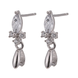 Platinum Rhodium Plated 925 Sterling Silver Stud Earring Findings, with Micro Pave Cubic Zirconia, Bar Links and Ice Pick Pinch Bail, Platinum, 16mm, Pin: 0.8mm