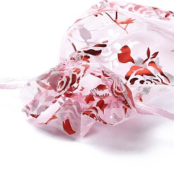 Pearl Pink Organza Drawstring Jewelry Pouches, Wedding Party Gift Bags, Rectangle with Red Stamping Rose Pattern, Pearl Pink, 15x10x0.11cm