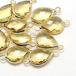 Шампанско-Желтый Золотистые латунные стеклянные каплевидные соединители, шампанское желтый, 21x11x5 мм, отверстие : 2 мм