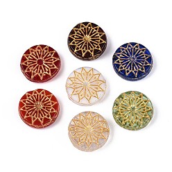 (52) Непрозрачная лаванда Плоские круглые стеклянные бусины с цветочками, золотой металл обвитыми, разноцветные, 18x5~5.5 мм, отверстие : 1~1.2 мм