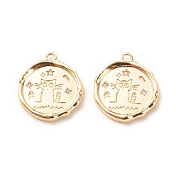 Light Gold Brass Micro Pave Clear Cubic Zirconia Pendants, Flat Round with Cat, Light Gold, 17x15x2mm, Hole: 1.5mm
