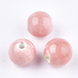 Pink Фарфоровые бусины ручной работы, яркие глазированный фарфор, круглые, розовые, 14~14.5x13.5~14 мм, отверстие : 2.5~3 мм