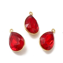 Красный Стеклянные подвески из латуни с покрытием стойки, граненые амулеты-капли, реальный 18 k позолоченный, без свинца и без кадмия, красные, 17x10.5x8 мм, отверстие : 1 мм