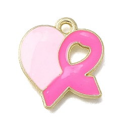 Темно-Розовый Подвески из эмали и сплава, золотые, Сердце с осознанием ленты, темно-розовыми, 16.5x16x1.5 мм, отверстие : 1.6 мм