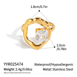 Настоящее золото 18K Нерегулярные 304 открытые кольца-манжеты из нержавеющей стали с кубическим цирконием для женщин, реальный 18 k позолоченный, 20 мм, внутренний диаметр: 18 мм