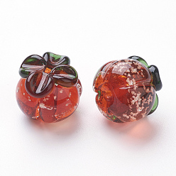 Red Autumn Theme Luminous Handmade Lampwork Beads, Pumpkin, Red, 15~18x14~17mm, Hole: 1.8mm