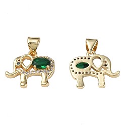 Green Brass Micro Pave Cubic Zirconia Pendants, with Brass Snap on Bails, Nickel Free, Real 18K Gold Plated, Elephant, Green, 13.5x16x3mm, Hole: 3x4mm